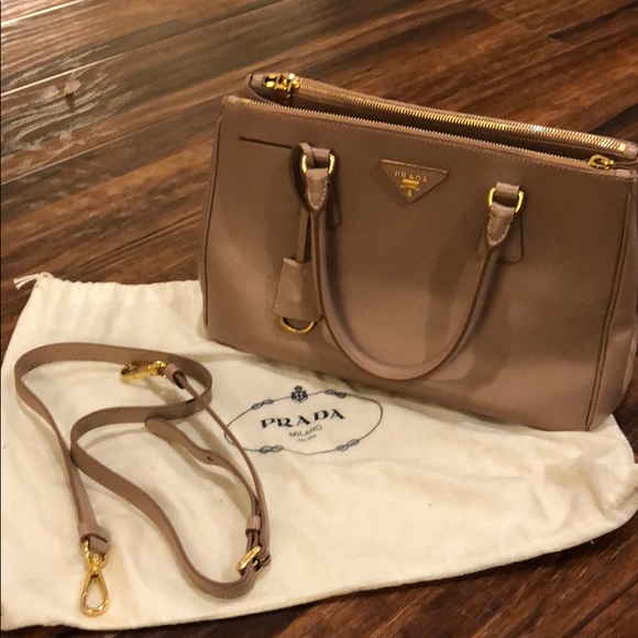 Prada Handbags - Prada Taupe Leather Satchel with Gold Hardware